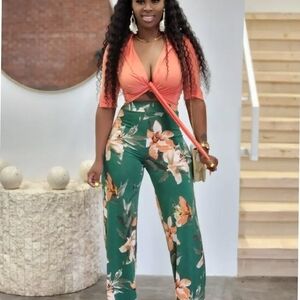 Floral Green and Orange Two-Piece Set